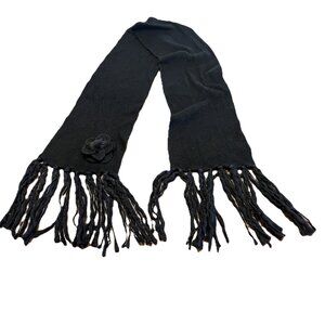 La Fiorentina Black Flower Accent Scarf Soft Angora Wool Fringed Tassel